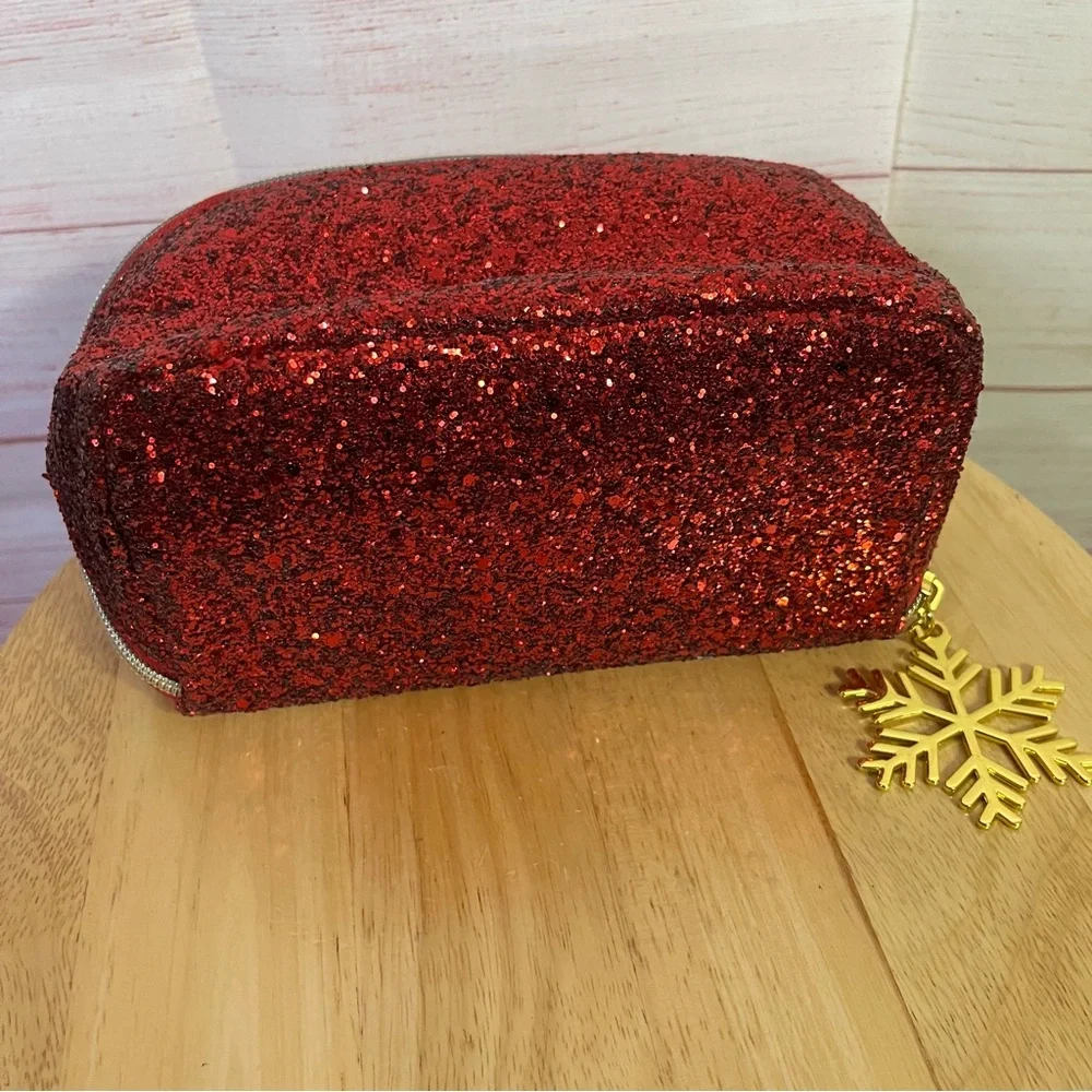 Red Glitter with Gold Snowflake Cosmetic Makeup‎ Bag